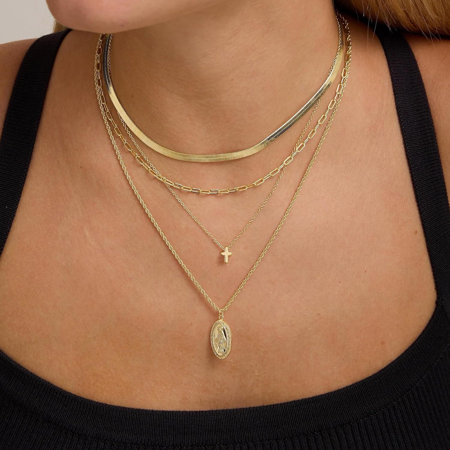 Cross Necklace for Women Girls, Dainty 14K Real Gold Plated 3D Cross Pendant Necklace Sideways Cross Choker Layered Cross Necklace for Women Girls
