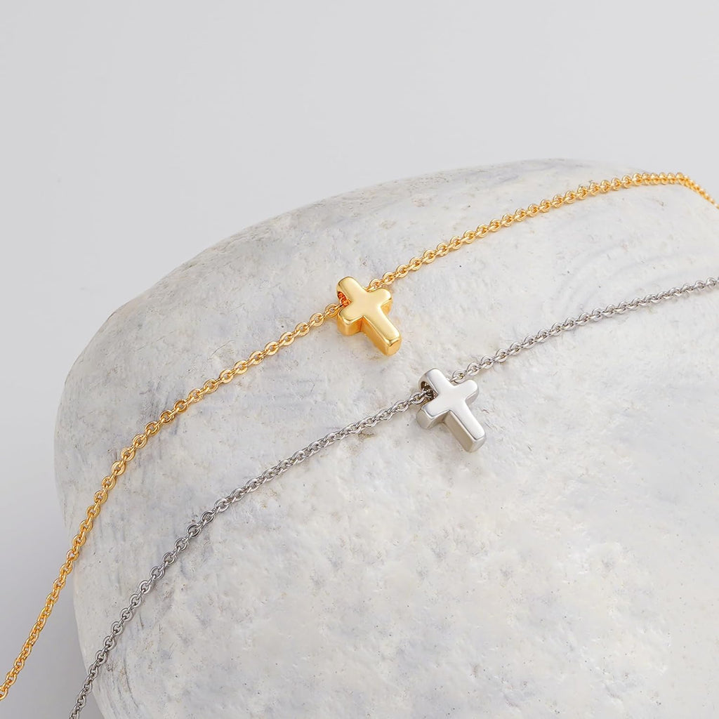 Cross Necklace for Women Girls, Dainty 14K Real Gold Plated 3D Cross Pendant Necklace Sideways Cross Choker Layered Cross Necklace for Women Girls