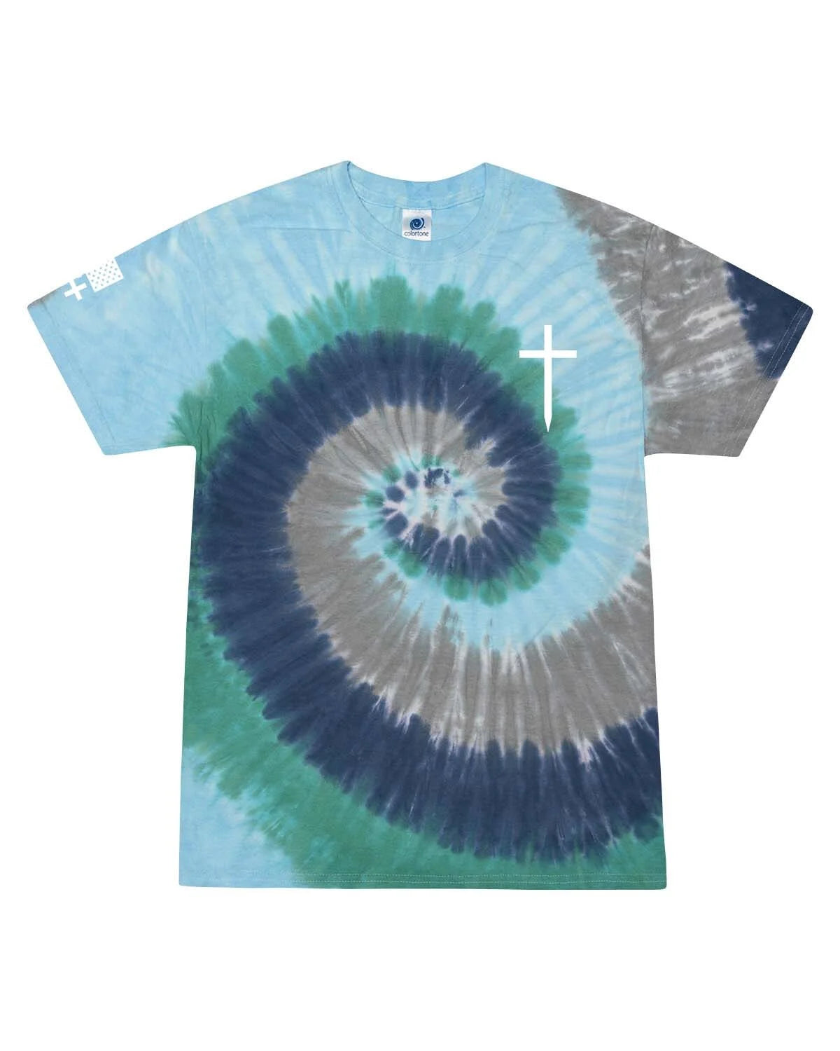 Mens Christian Shirt Faith Cross Crest American Flag Sleeve T-Shirt Graphic Tee-Earth Tie Dye-Xl